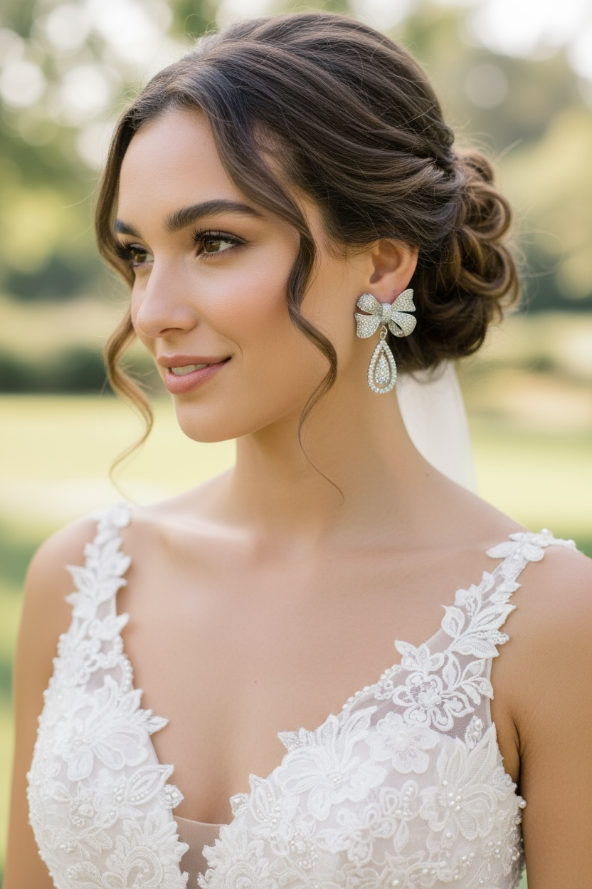 Bride wearing a wedding gown and a pair of rhodium plated bow-shaped bridal earrings adorned with sparkling cubic zirconia stones, with matching teardrop dangles.