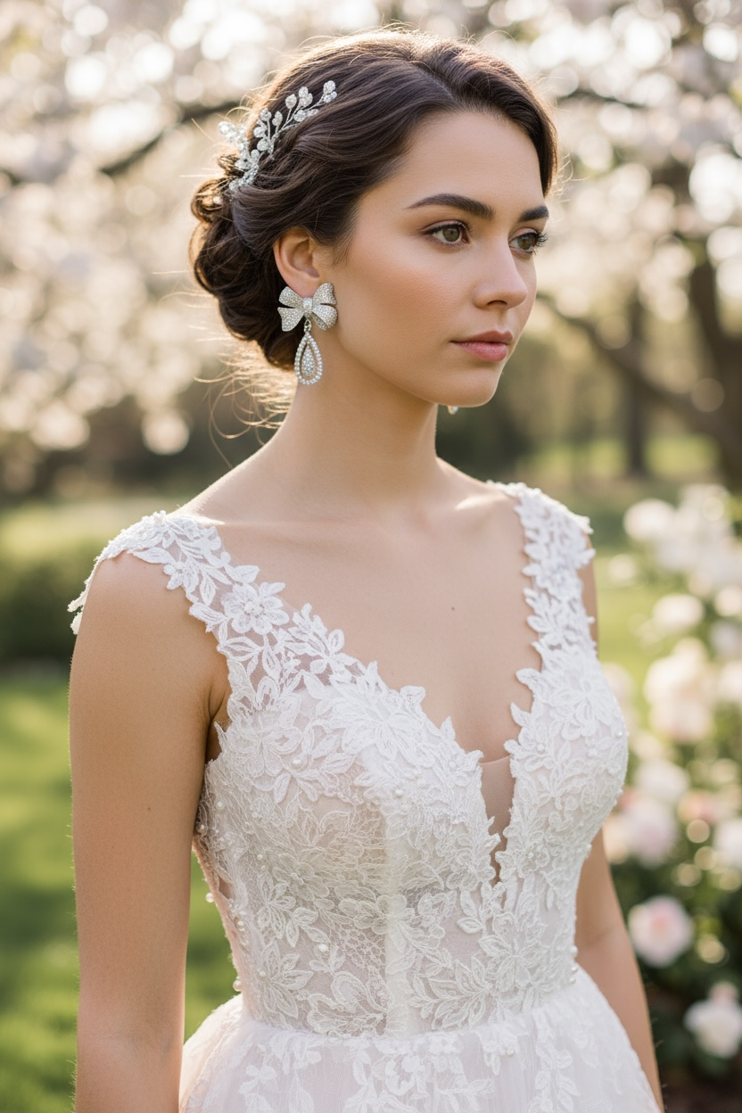Bride wearing a wedding gown and a pair of rhodium plated bow-shaped bridal earrings adorned with sparkling cubic zirconia stones, with matching teardrop dangles.