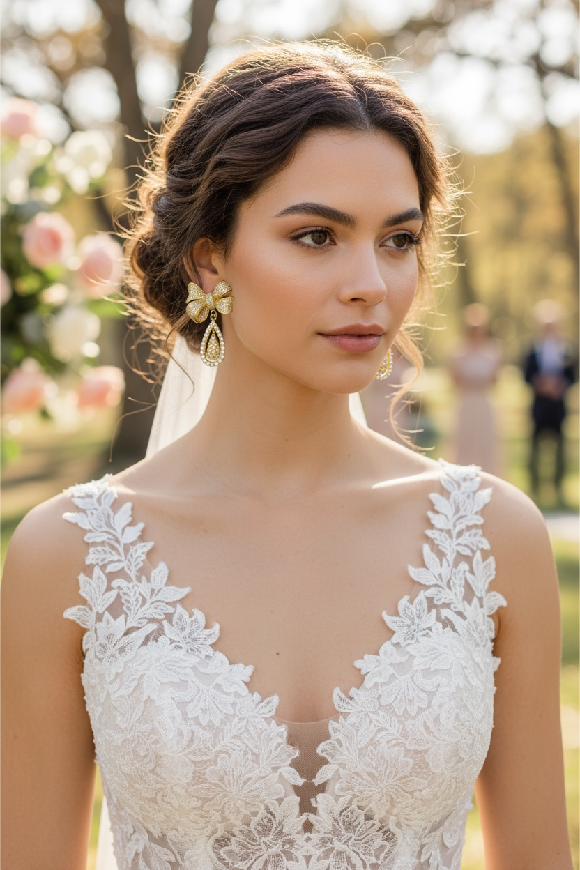 Bride wearing a wedding gown and a pair of gold plated bow-shaped bridal earrings adorned with sparkling cubic zirconia stones, with matching teardrop dangles.